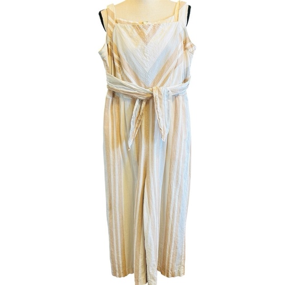 Anthropologie Savannah Jumpsuit Stripe Linen Tan White Neutral Wide Crop Leg 14 - Picture 1 of 16